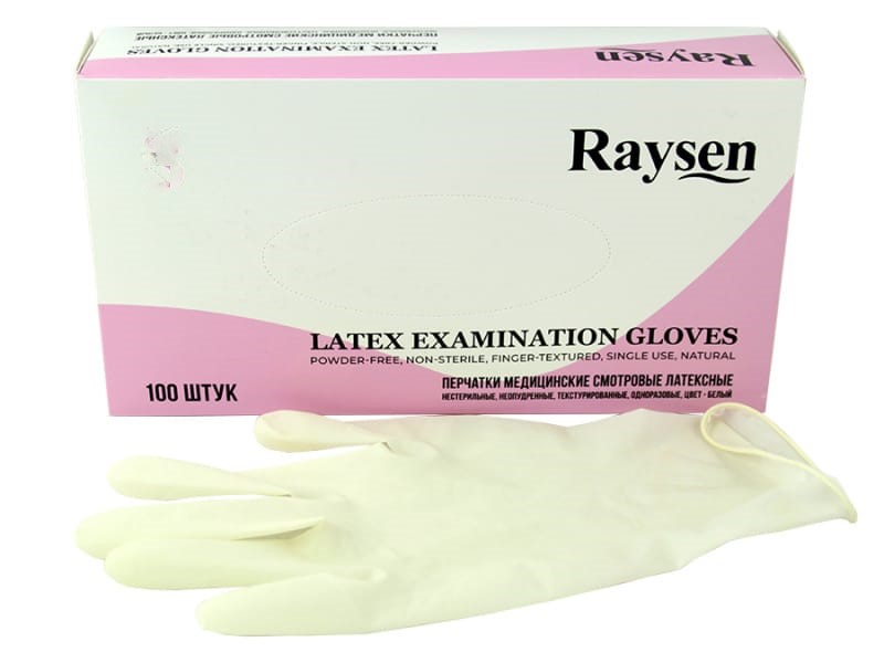 Raysen Перчатки смотровые латексные нестерильные, Large L (8-9), пара, 50 шт. фото