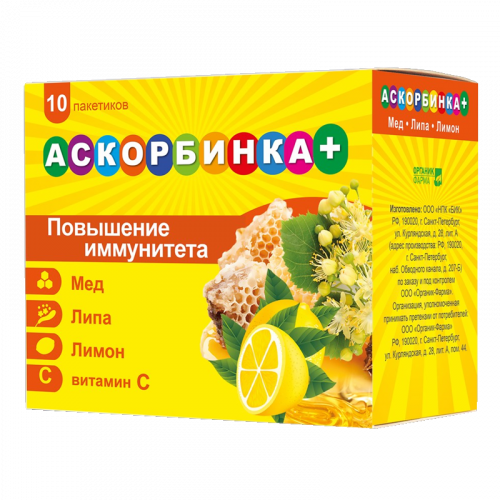 Аскорбинка Плюс, 400 мг, порошок для приема внутрь, 3 г, 10 шт, мед + липа + лимон фото