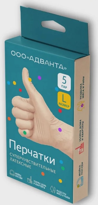 Адванта Перчатки суперчувствительные латексные нестерильные, Large L, пара, 5 шт. фото