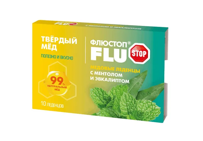 Флюстоп Твердый Мед леденцы медовые, леденцы, 10 шт, ментол-эвкалипт фото