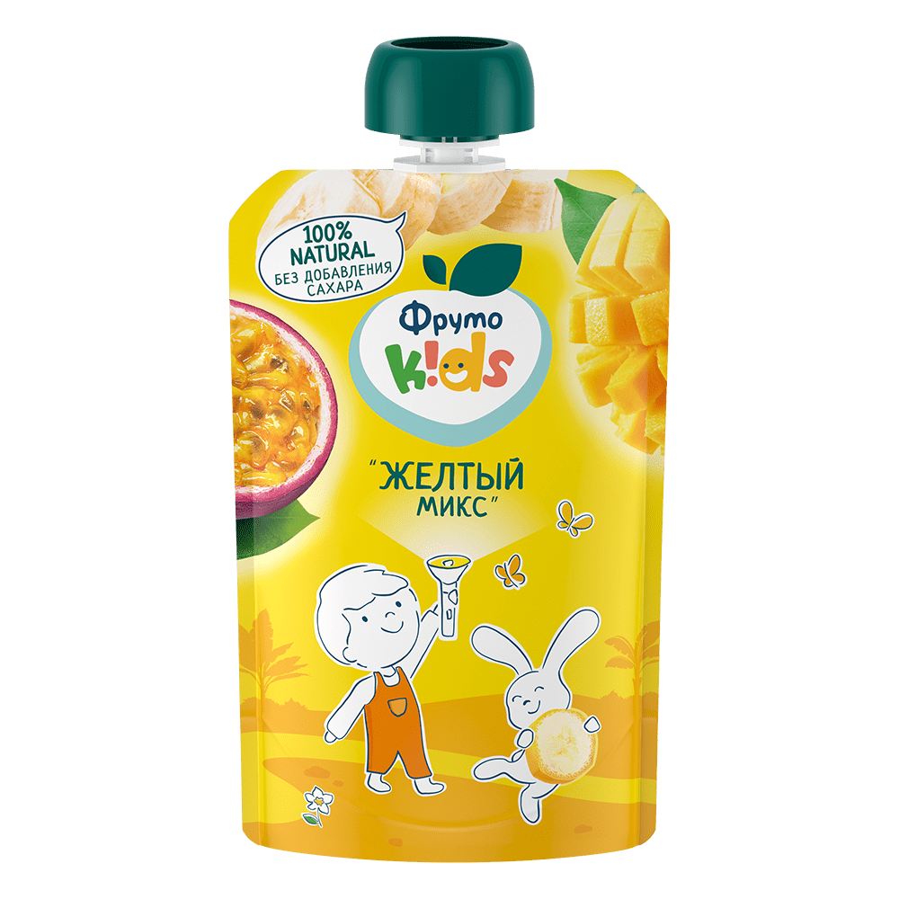 Фрутоняня детское пюре, пюре, 90 г, 1 шт, желтый микс (яблоко + банан + абрикос + манго + маракуйя) фото