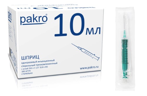 Pakro Шприц инъекционный одноразовый трехкомпонентный, 10 мл, шприц в комплекте с иглой, 100 шт, 21G (0.80х40) фото