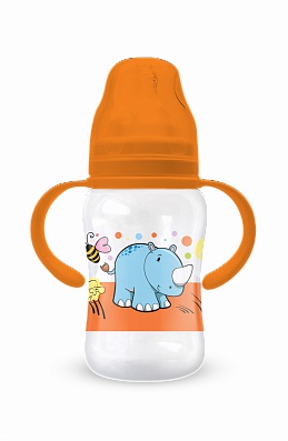 Dino&Rhino Бутылочка для кормления с соской молочной силиконовой с широким горлом с ручками, 0 +, 270 мл, 1 шт, арт. КК1272 фото