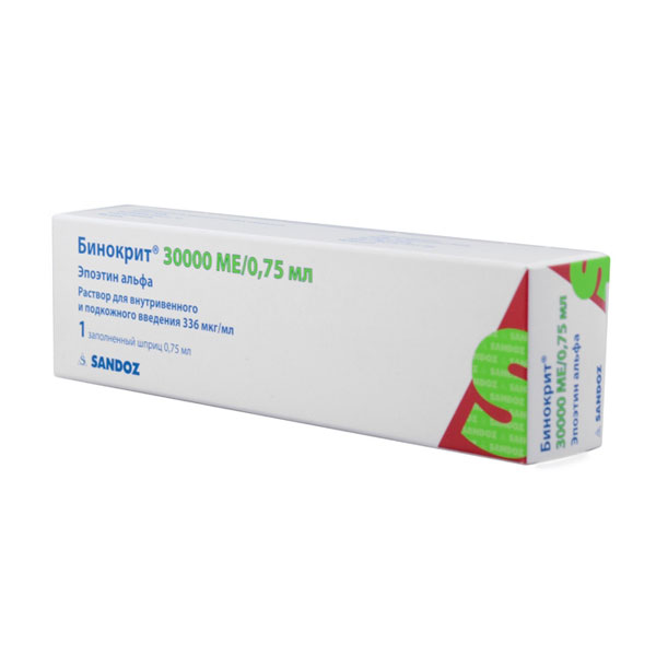 Бинокрит, 336 мкг/мл (30000 МЕ/0.75 мл), раствор для внутривенного и подкожного введения, 0.75 мл, 1 шт. фото