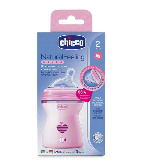 Chicco Natural Feeling Бутылочка с силиконовой соской, 250 мл, 1 шт, розового цвета фото