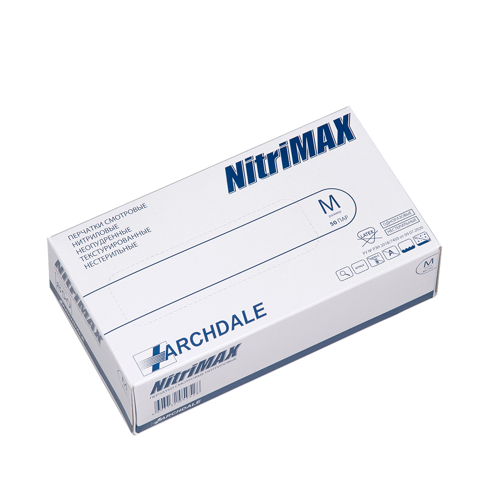Archdale Nitrimax Перчатки смотровые нитриловые нестерильные неопудренные текстурированные, M, перчатки неопудренные, пара, 50 шт, белые фото