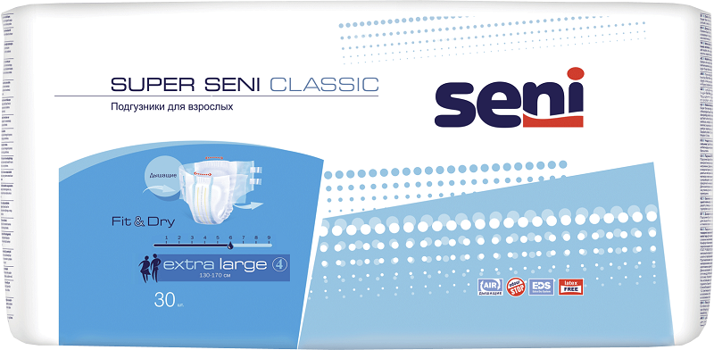 Seni Super Classic Подгузники для взрослых, Extra Large XL (4), 30 шт, 130-170 см фото