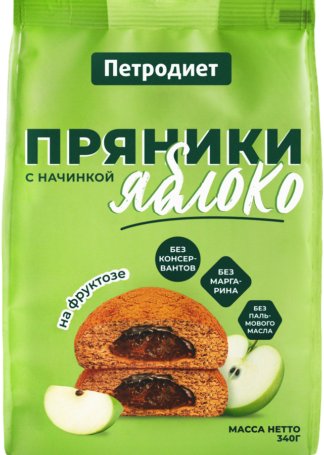 Пряники на фруктозе, 340 г, 1 шт, с яблочной начинкой фото
