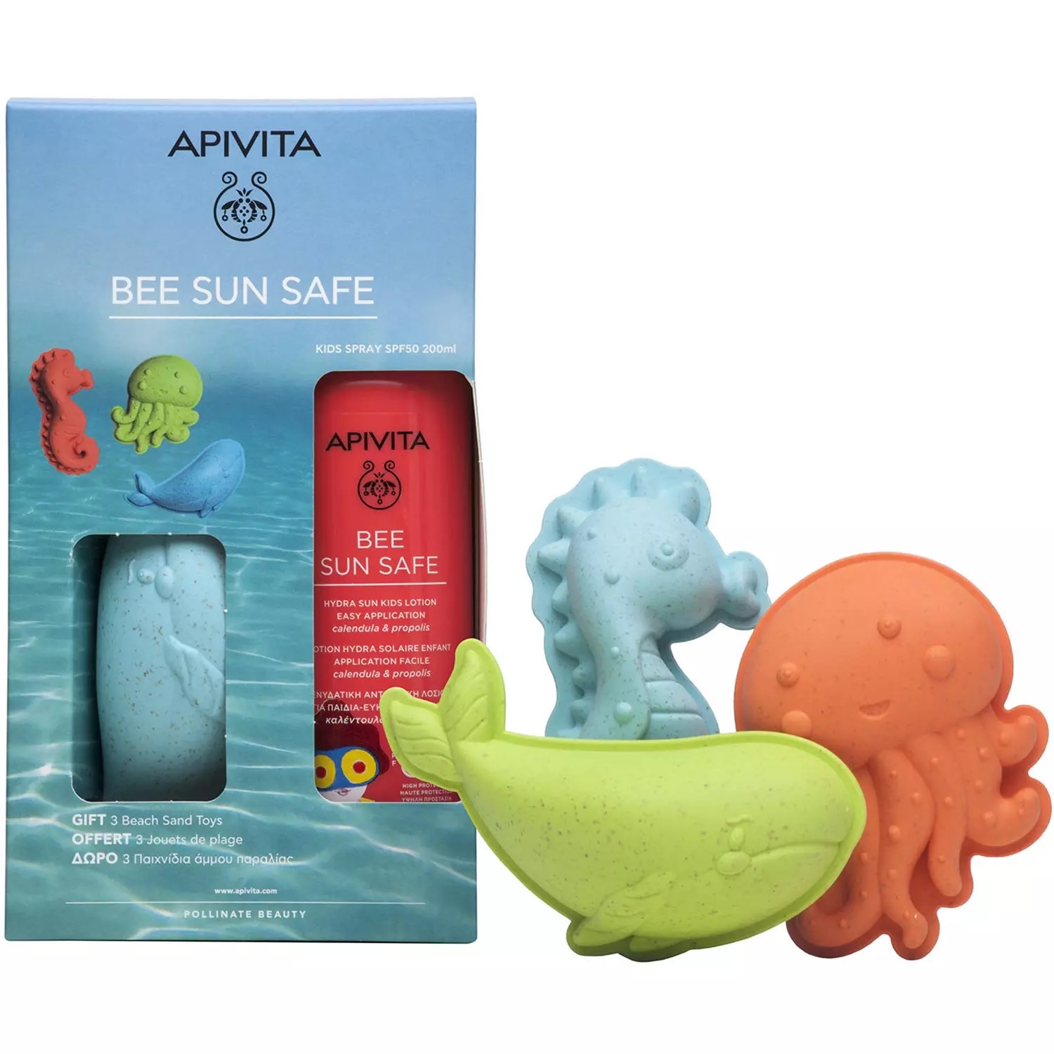 Apivita Bee Sun Safe спрей детский солнцезащитный SPF 50 200 мл + формочки для песка 3 шт, набор, 1 шт. фото