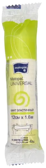 Matopat Universal Бинт эластичный с застежкой, 12 см х 1.6 м, бинт эластичный, 1 шт. фото
