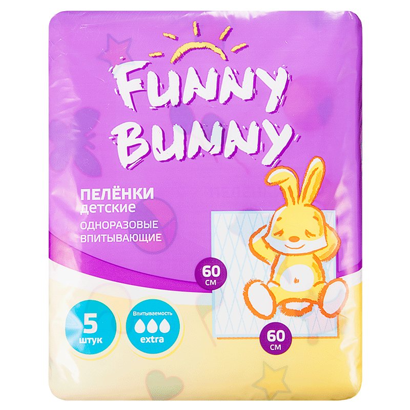 Funny Bunny Пеленка впитывающая для детей, 60 см x 60 см, 5 шт, 3 капли, для новорожденных фото