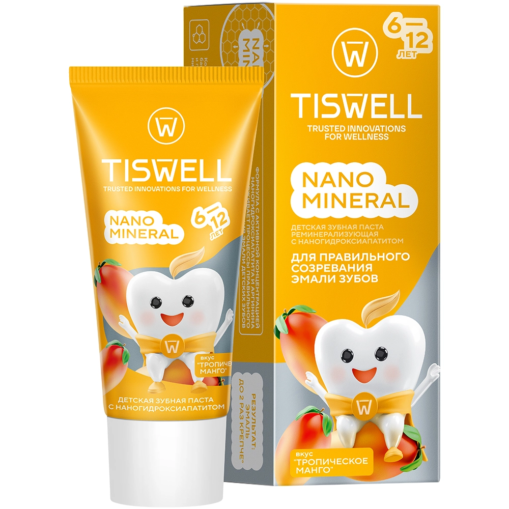 Tiswell nano mineral Зубная паста реминерализующая с наногидроксиапатитом детская, зубная паста, 60 г, 1 шт, тропическое манго, 6-12 лет фото