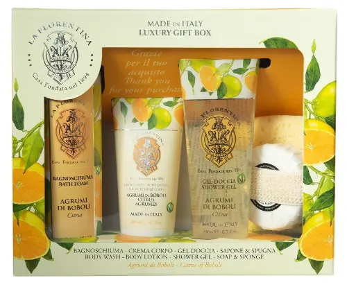 La Florentina Набор пена для ванны 500 мл + лосьон для тела 200 мл + гель для душа 250 мл + мыло 115 г + спонж, набор, 1 шт, цитрус фото