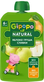 Gipopo детское пюре, 6+ мес, пюре, 90 г, 1 шт, яблоко + груша + сливки фото