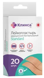 Клинса пластырь бактерицидный Standard, 1.9 см х 7.2 см, набор, 20 шт, телесный, полимерная основа фото