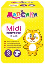 Мапсики Подгузники детские, р. midi, 14 шт, 4-9кг Мапсики Подгузники детские, р. midi, 14 шт, 4-9кг фото 1