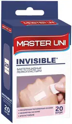 Master Uni Invisible лейкопластырь бактерицидный прозрачный, лейкопластырь бактерицидный, 20 шт, полимерная основа фото