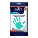 Aura Derma protect салфетки влажные антибактериальные, салфетки очищающие, 15 шт, с алоэ фото 