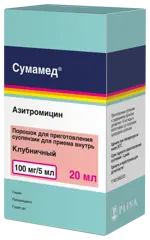 Сумамед, 100 мг/5 мл, порошок для приготовления суспензии для приема внутрь, 20 мл, 1 шт, клубника Сумамед, 100 мг/5 мл, порошок для приготовления суспензии для приема внутрь, 20 мл, 1 шт, клубника фото 1