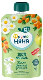 Фрутоняня Пюре, пюре, 90 г, 1 шт, яблоко + облепиха + ромашка фото
